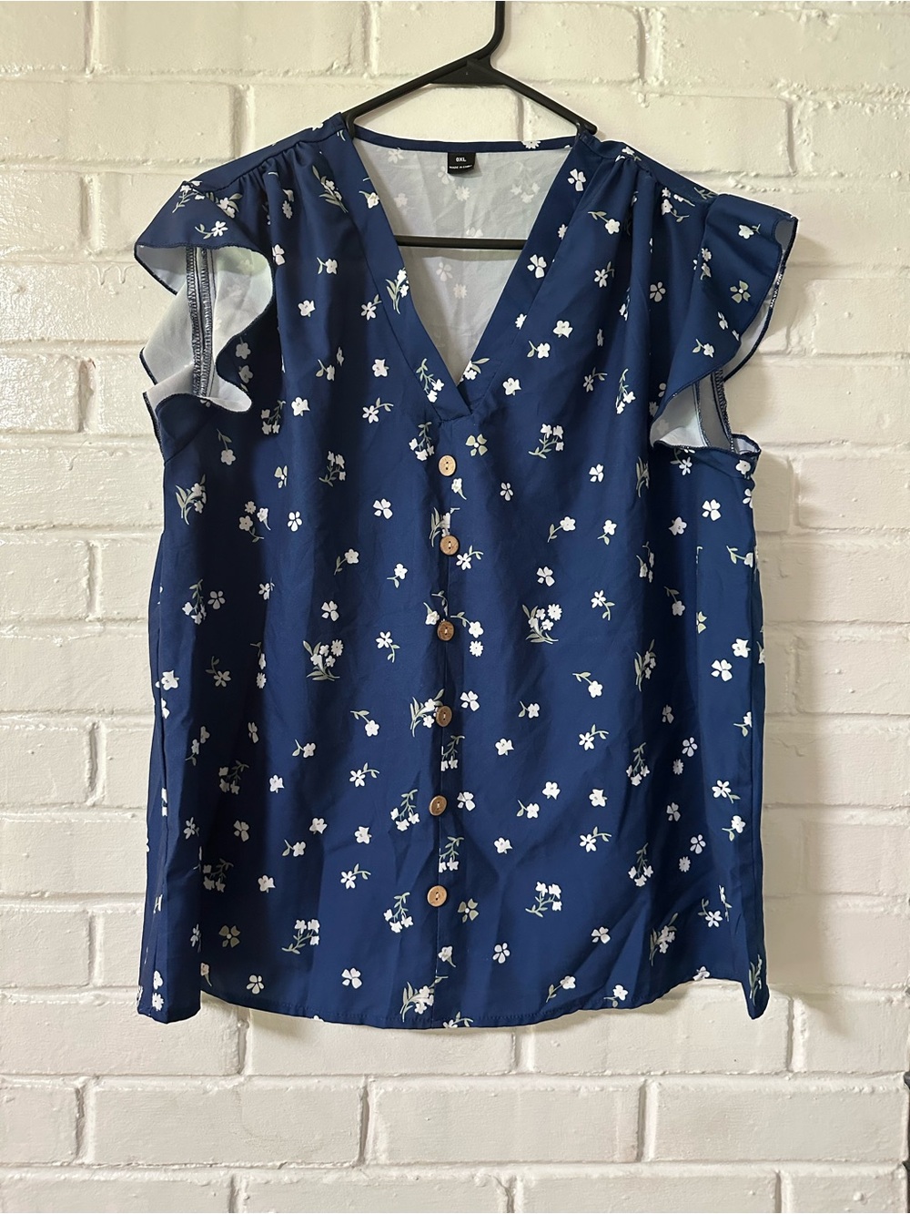 SHEIN Navy Blue Floral Button-Front Flutter Sleeve Blouse